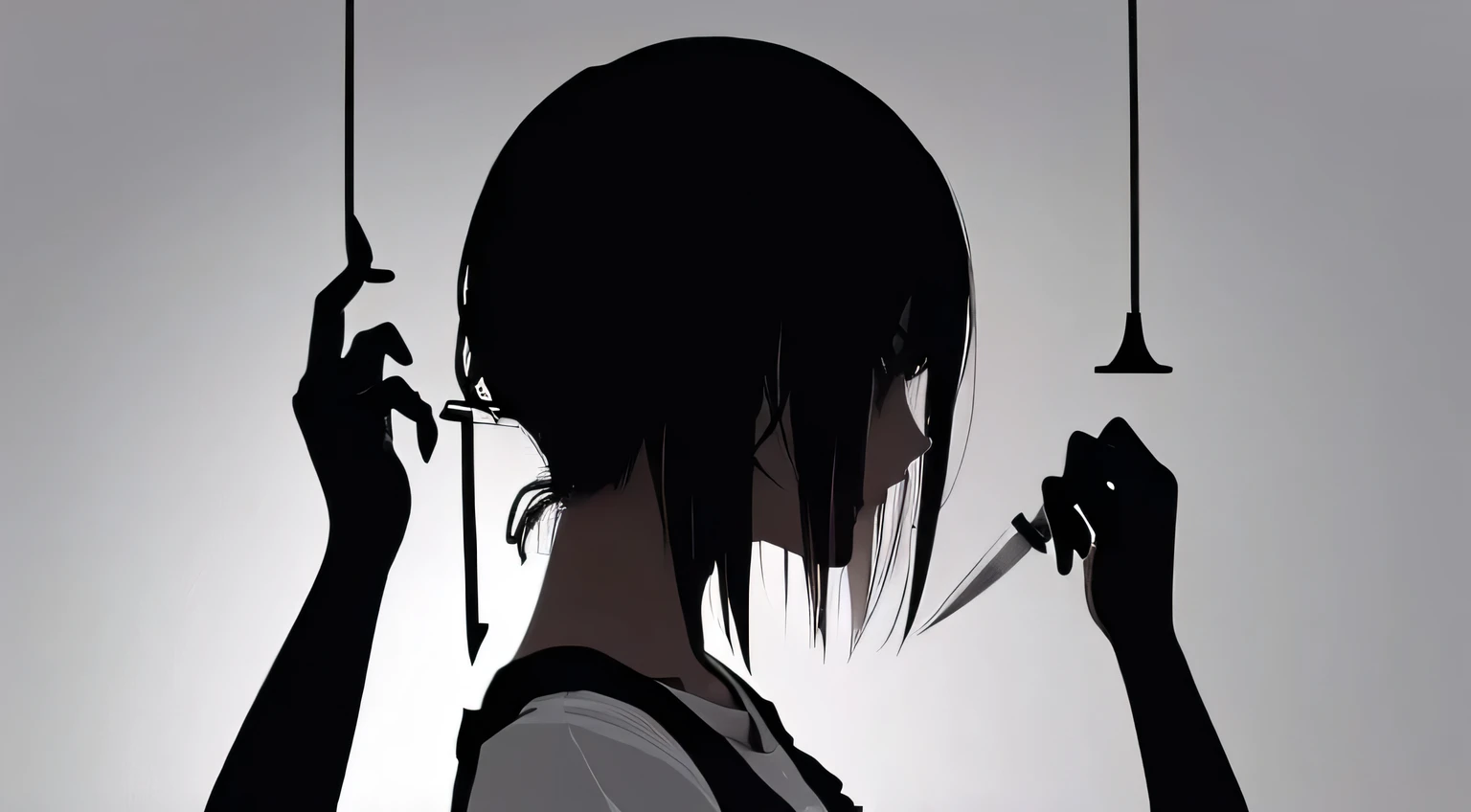 (Very refined）、suicide、knife、（Ｔshirt）Miss、Offensive photos、Solitary、（contour）、（with movement）、Dark background、Black figure、（contour）、slim body、Room Background、unit、sad、1 person、