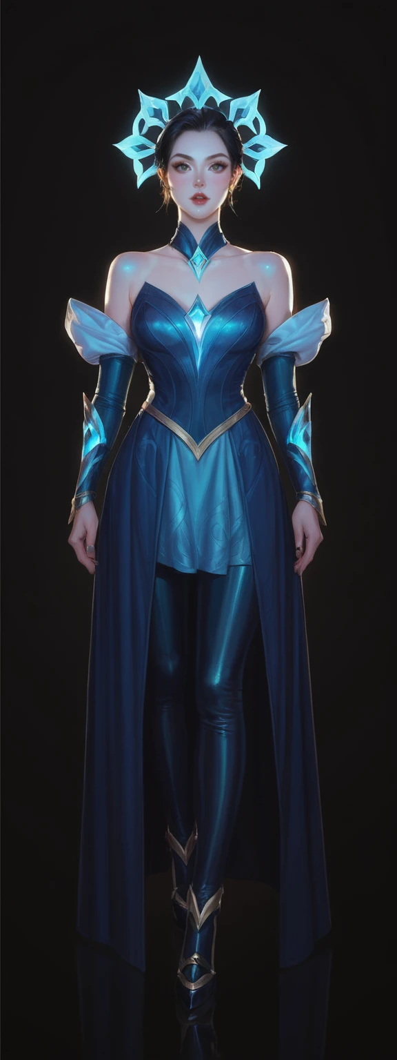 realistic, score_9, score_8_up, score_7_up, score_6_up, 
1girl, solo, from front, full body, Camille \(league of legends\),  black background, makeup, sidelighting, backlighting, glowing,