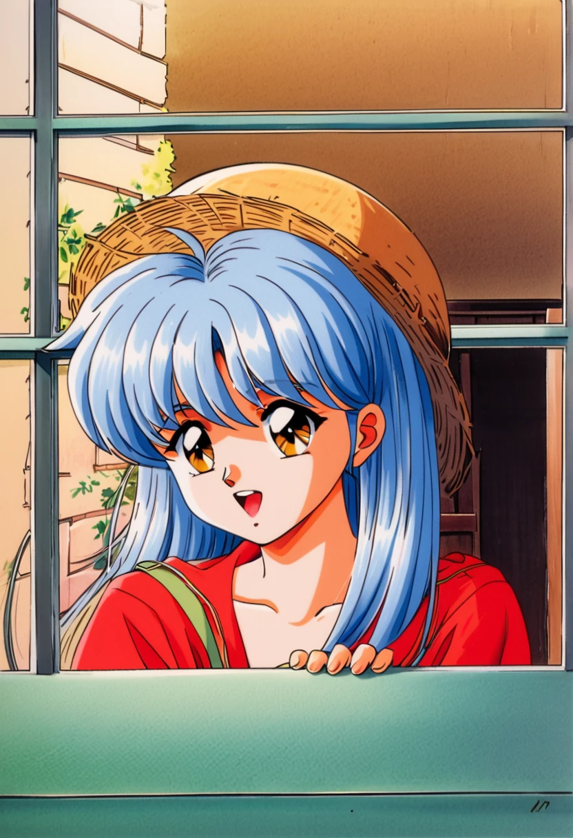 Kokura Masashi Style,
Fujisaki Shiori,One girl,retro artstyle,alone,1990s (style),Outdoor,Light blue hair,Open your mouth,Yellow Eyes,window,leaf,Upper Body,Red dress,View your viewers,Traditional Media,Bridal ，Medium long hair，Big Tits，Straw hat，