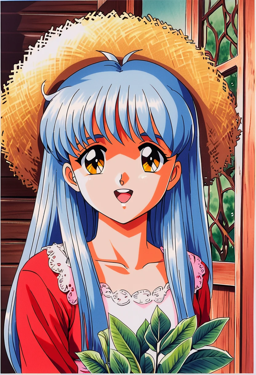 Kokura Masashi Style,
Fujisaki Shiori,One girl,retro artstyle,alone,1990s (style),Outdoor,Light blue hair,Open your mouth,Yellow Eyes,window,leaf,Upper Body,Red dress,View your viewers,Traditional Media,Bridal ，Medium long hair，Big Tits，Straw hat，