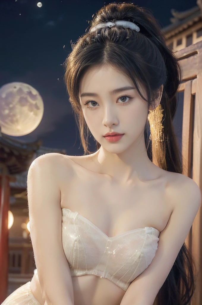 (((best quality))),(((ultra detailed))),(((masterpiece))),illustration,((1 beautiful girl,solo)),(short ponytail:1.2),((bright eyes,gentle smile)),((slim,thin)),((small breasts,flat chest)),(strapless white see through sheer bra:1.3),flowing fabric,serene demeanor,vibrant plants and trees,(Chinese-style architecture:1.3),tile roofs,intricate wooden carvings,rich and vivid colors,(serene glow of the moon:1.5),(((colorful clouds))),traditional Chinese garment,(((summer night,village courtyard))),((from front,close-up of face))