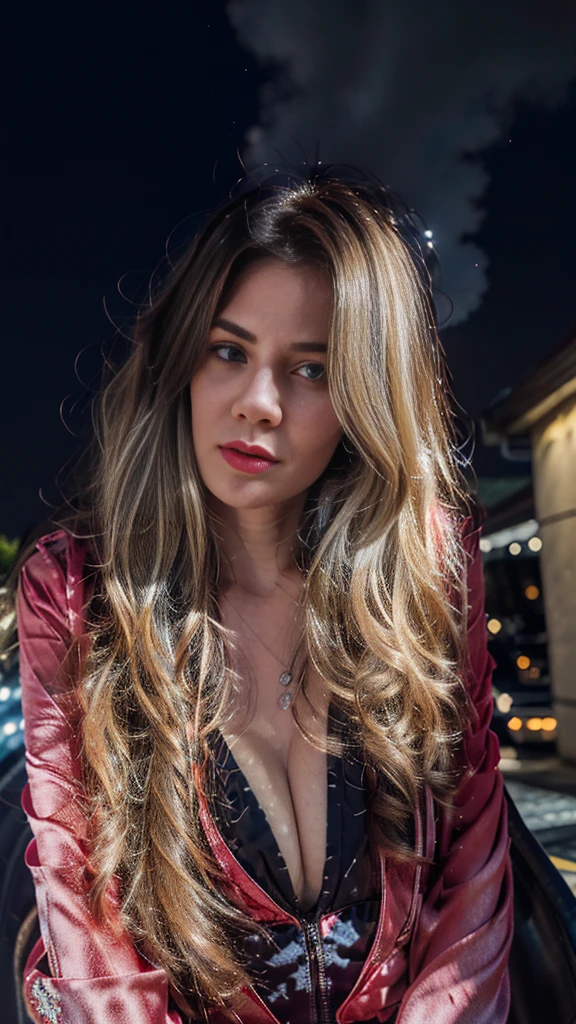 masterpiece, best quality,, sexy women, (colorful),(finely detailed beautiful blue eyes and detailed face),cinematic lighting,bust shot,extremely detailed CG unity 8k wallpaper,wavy white hair,solo,angry face,red dress,((flying petal)), sky, cloudy_sky, building, moonlight, moon, night, (dark theme:1.3), light, fantasy,