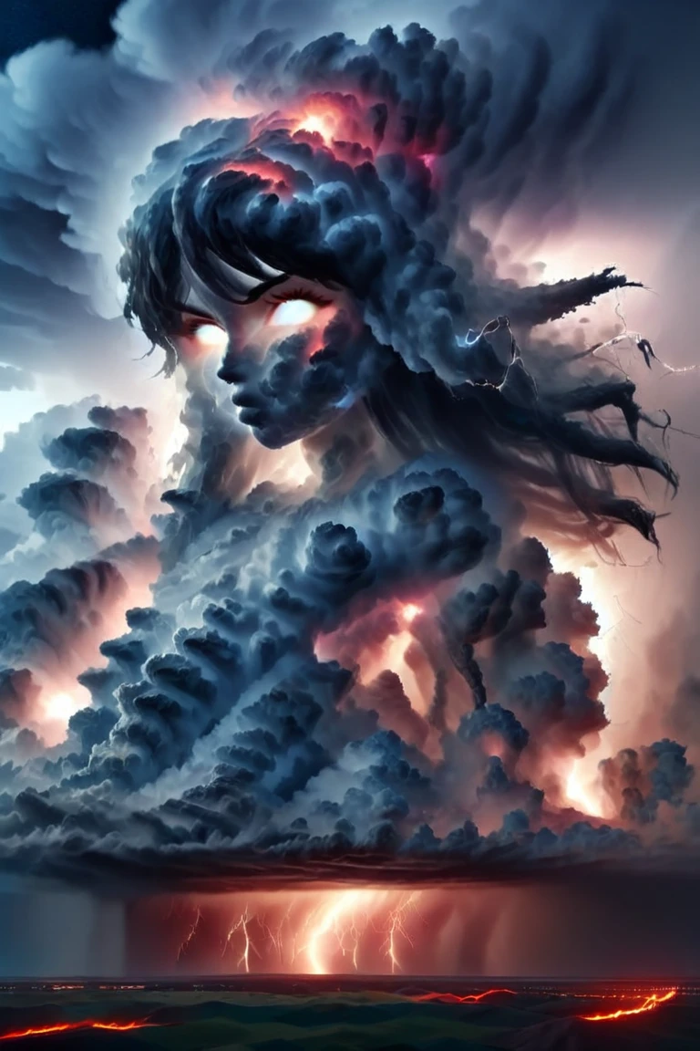 female storm goddess, perfect face, clear eyes, voluminous hair, smoke dress, 0k3dr3ss, martius_storm, tornado, hurricane, volcano area, lightning, 22yo, vibrant colours, visibly heavy rain, caucasian, badlands