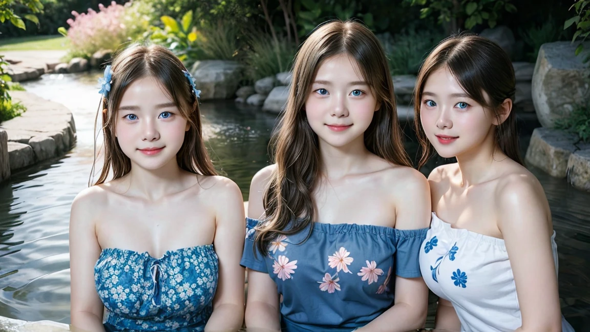 (3 girls),smile、Look into the camera、necklace、Wear a skirt and off-the-shoulder shirt with a bare chest pattern.、The material is smooth and flexible.、exposed upper arms、Blue-green striped knee-length socks Extra long twin tail hair、close range shooting、Flower Hair Ornaments、Blindfold、Garter、Squat with legs wide apart. A masterpiece., Highest quality, 8ก, beautiful girl, young face、 photography, Cute face, thigh,in the stream,、รอยsmile、small waist, blue eyes(((The chest is erect.)))(((round chest)))(((big breasts:1.0)))