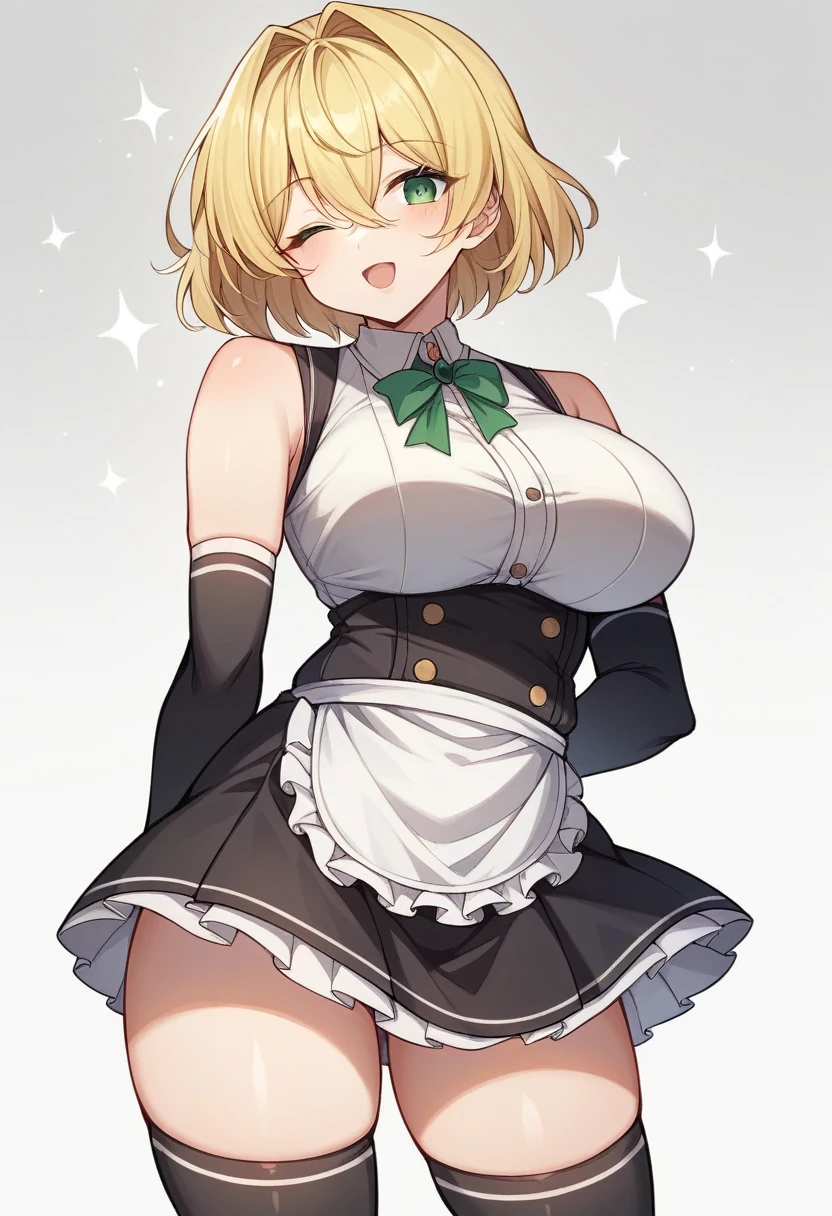 (One girl)、(bob cut)、((Blonde))、（Sato Air）、slan eyes、（boyish）、cute、(Big super breasts)、Chubby、Maid clothes、No sleeve、mini skirt、White sleeveless、thigh-high socks thighhighs、(long gloves)、hairs between eyes、(coarse hair)、flipped hair、green eye、Wink、(say)、arm behind back、White Background