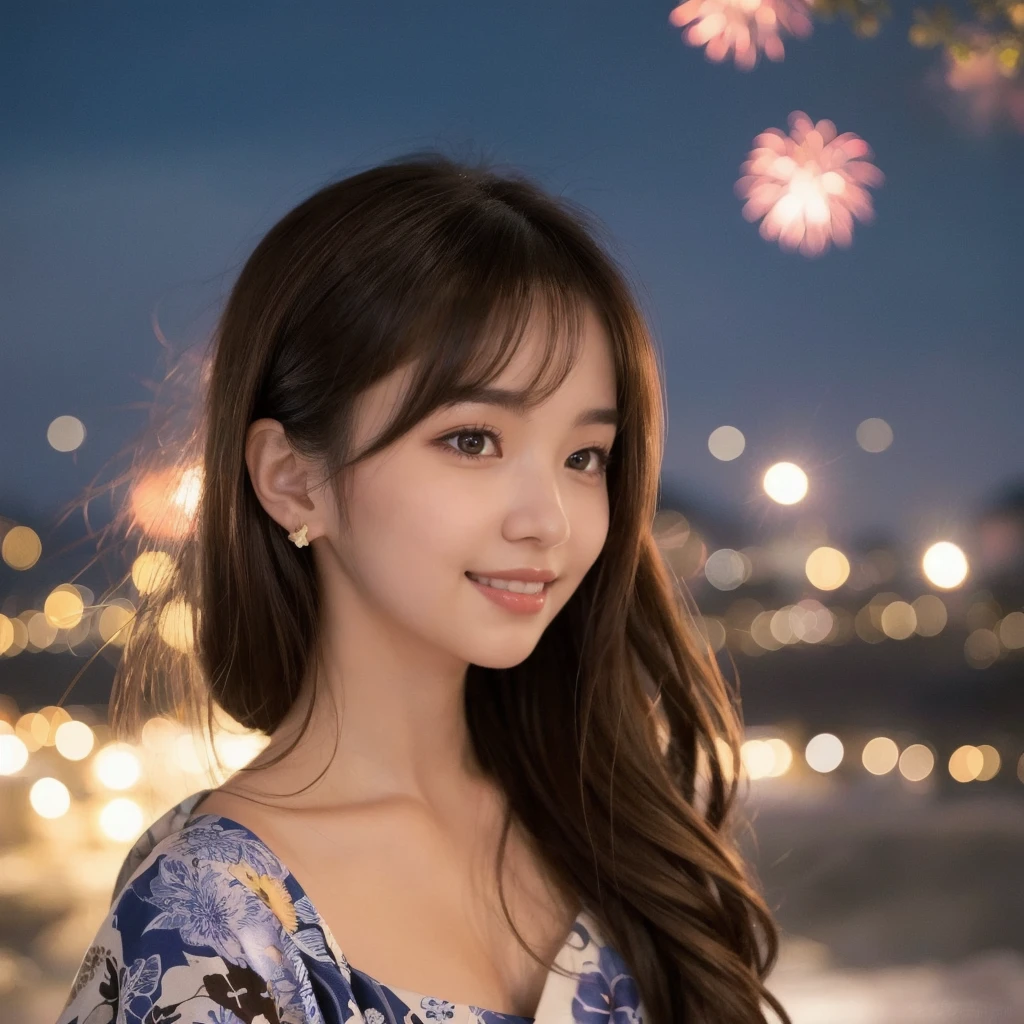 (「solo」Detailed and realistic portrait of a beautiful young Asian woman。She has long light brown hair and big light brown eyes.。)under the night sky、Put your hair up、A beautiful woman elegantly dressed in a vibrant yukata、The fireworks light softly illuminated her face.、Enhances an attractive smile。The background creates a tranquil atmosphere of a summer night.、I can hear the sound of fireworks in the distance。