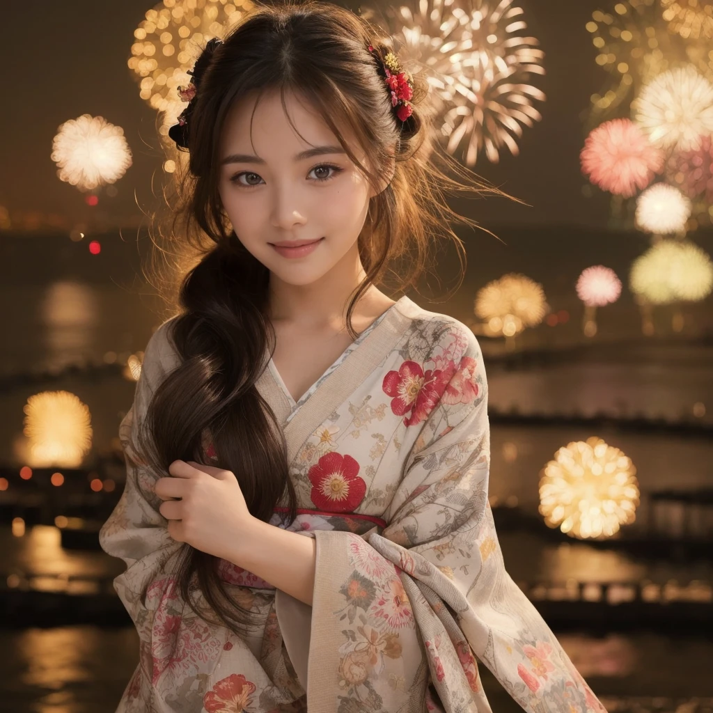 (「solo」Detailed and realistic portrait of a beautiful young Asian woman。She has long light brown hair and big light brown eyes.。)under the night sky、Put your hair up、A beautiful woman elegantly dressed in a vibrant yukata、The fireworks light softly illuminated her face.、Enhances an attractive smile。The background creates a tranquil atmosphere of a summer night.、I can hear the sound of fireworks in the distance。