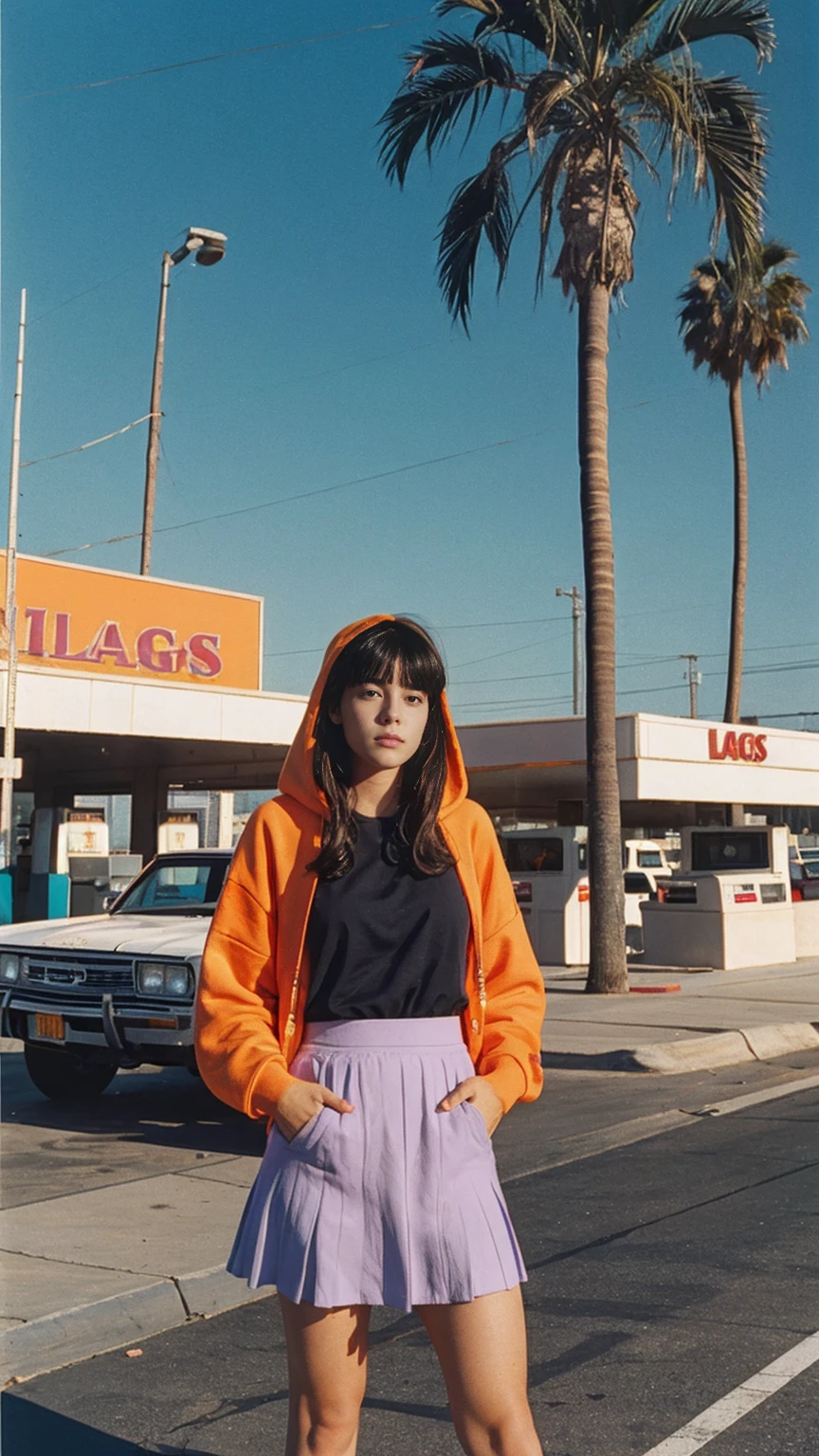 (medium shot portrait) of cute 23 yo girl ,wear ((orange color oversized_hoodie)), wear ((purple tennis skirt)),looking front,Best Quality,Masterpiece,Ultra High Resolution,(Realisticity:1.4),Original Photo, 1Girl, light leak,ultra high resolution,UHD,beautiful, (black straight hair), almond eye, no makeup, in front of ((80's los angels gas station)), (realistic:1.2), (surreal:1.3), (very detailed:1.1), ((masterpiece)),summer, blue sky, palm trees,sunny, los angles vibes,film camera, 800mm lens,style of Philip Lorca diCorcia