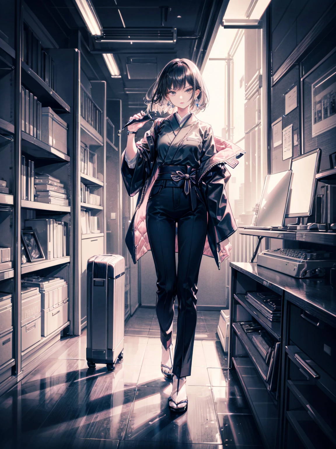 (8K), (Highest quality), (Pieces fly: 1.2),Japanese woman, 28 years old, slim, tall, good posture, shoulder-length black straight hair, natural makeup, light pink lipstick, subtle eyeshadow, dark gray pantsuit, simple silhouette, high-quality material, white silk blouse, black high heels, pearl earrings, simple wristwatch, office setting, modern, professional, Tokyo cityscape, serious expression, confident posture, holding a folder, monochrome color scheme, elegant, professional
