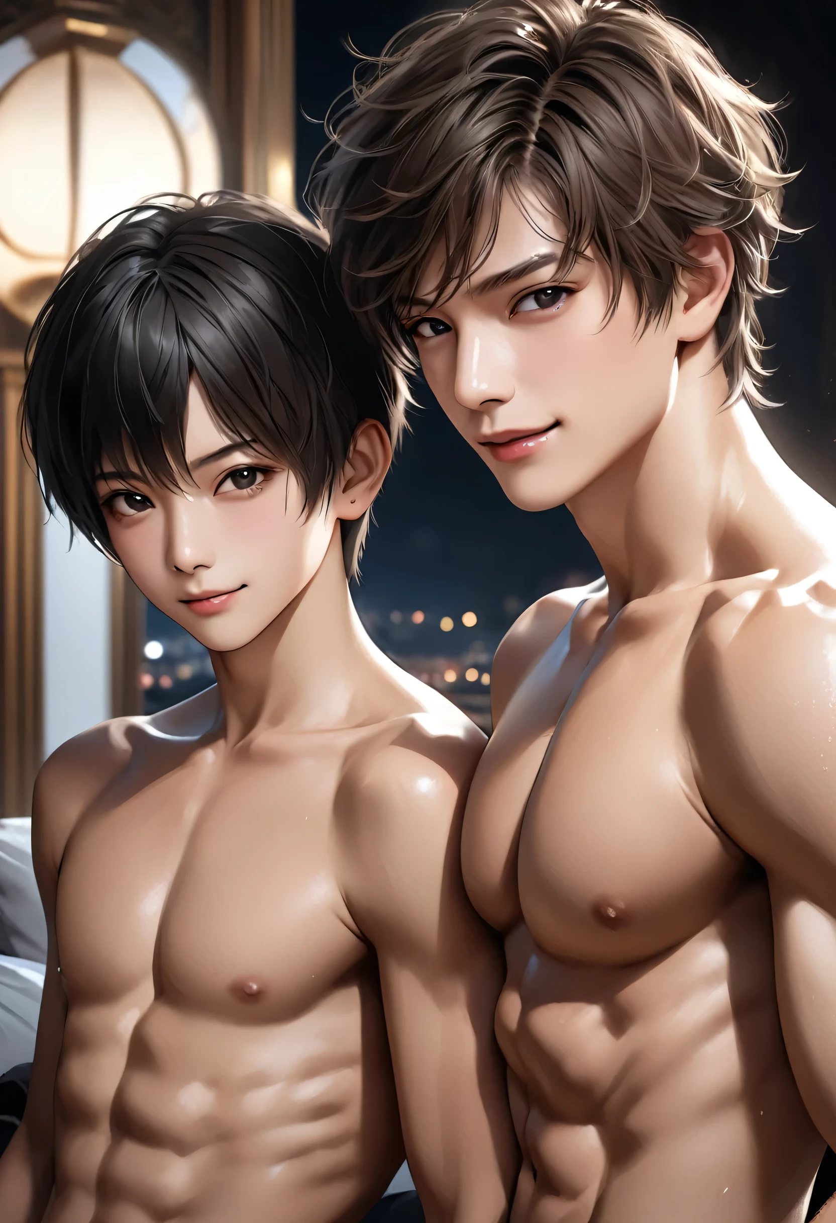 high quality, detailed, Realistic,(2boys:1.5), (18 years old tanned japanese idol boys), (detailed black eyes), (black short hair), (abs), (tanned dark brown skin), night palace bedroom, (black tiny thong), (bulge), (detailed nipples), detailed areola,best quality,4k,8k,highres,masterpiece:1.2),ultra-detailed,(realistic,photorealistic,photo-realistic:1.37), looking at viewer,smirk,face close up, --no watch,