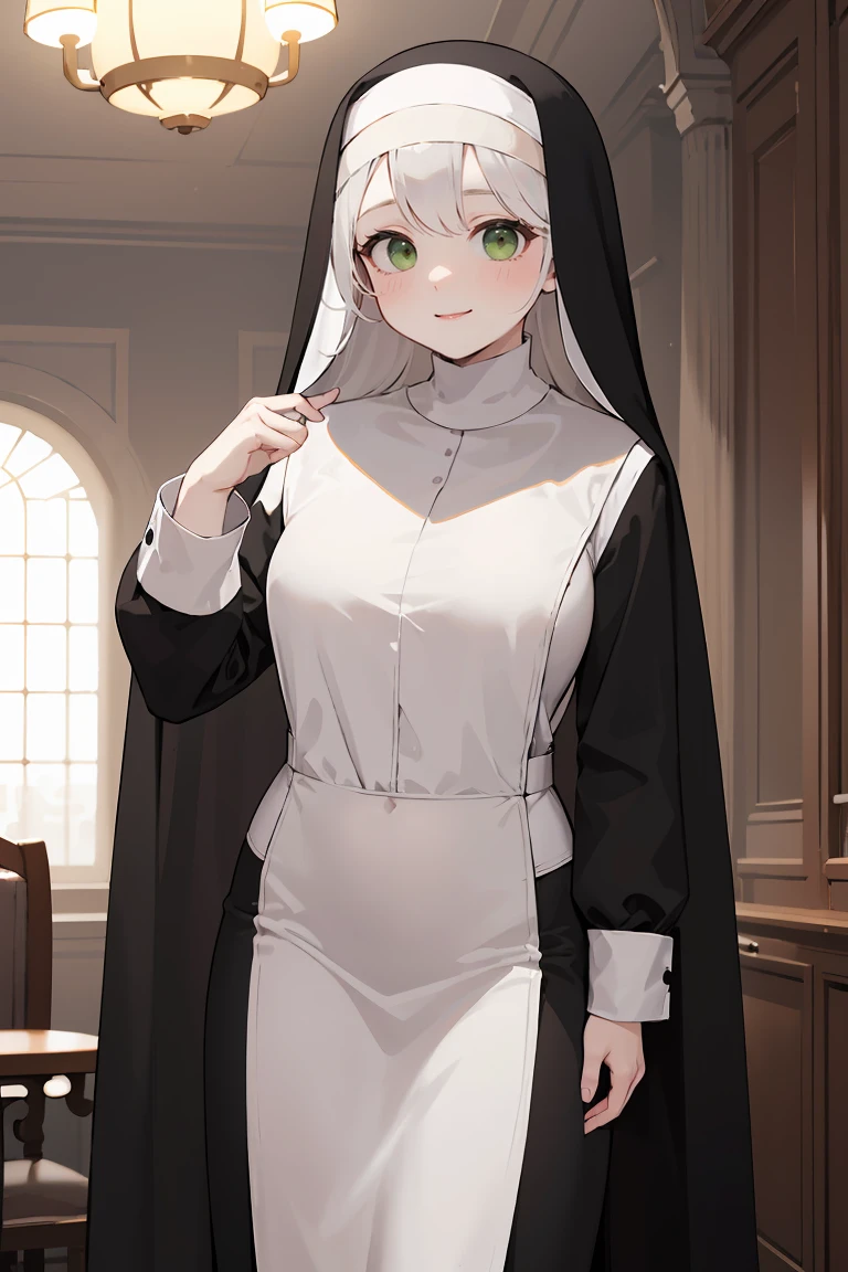 masterpiece, best quality, highly detailed background, perfect lighting, best quality, (extremely detailed face), volumetric lighting, intricate details, shadow, tonemapping, sharp focus, hyper detailed, trending on Artstation, (solo), ((Looking at the viewer)), (White hair), ((thin)), ((green eyes)), ((nun)), ((dressed as a nun)), ((nun's long skirt)), ((delicate)), ((thin and fine figure)), ((elegant)), ((smile)), (blush) (gothic style clothing)