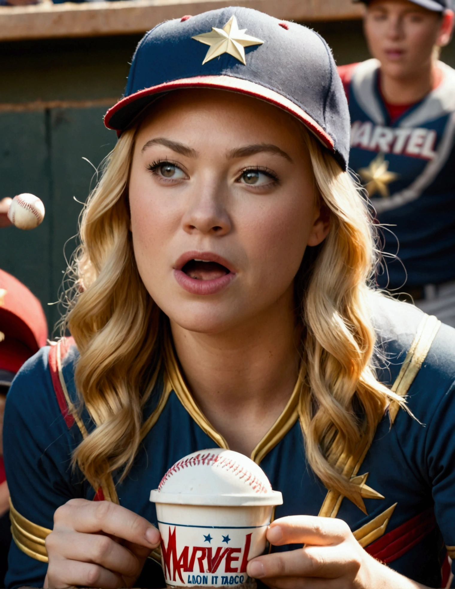 (Brea Larson, age 25, Captain Marvel, baseball cap, chewing tobacco) she is sitting in the baseball dug out spitting into a cup, crowded dugout, baseball game
