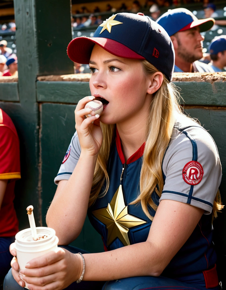 (Brea Larson, age 25, Captain Marvel, baseball cap, chewing tobacco) she is sitting in the baseball dug out spitting into a cup, crowded dugout, baseball game
