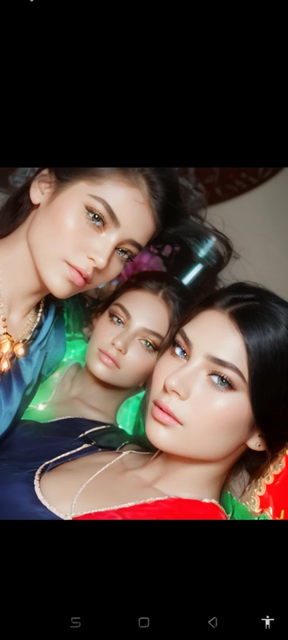 a beautiful young woman with striking features, detailed eyes, delicate lips, and long eyelashes, serene expression, wearing ornate futuristic attire, standing in a surreal, dreamlike landscape with glowing neon lights and floating geometric shapes, 16, photorealistic, cinematic lighting, vibrant colors, intricate details, digital art, concept art