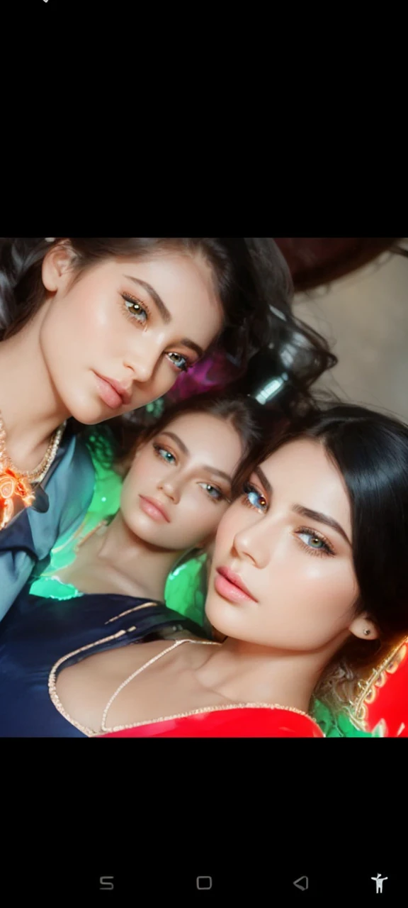 a beautiful young woman with striking features, detailed eyes, delicate lips, and long eyelashes, serene expression, wearing ornate futuristic attire, standing in a surreal, dreamlike landscape with glowing neon lights and floating geometric shapes, 16, photorealistic, cinematic lighting, vibrant colors, intricate details, digital art, concept art
