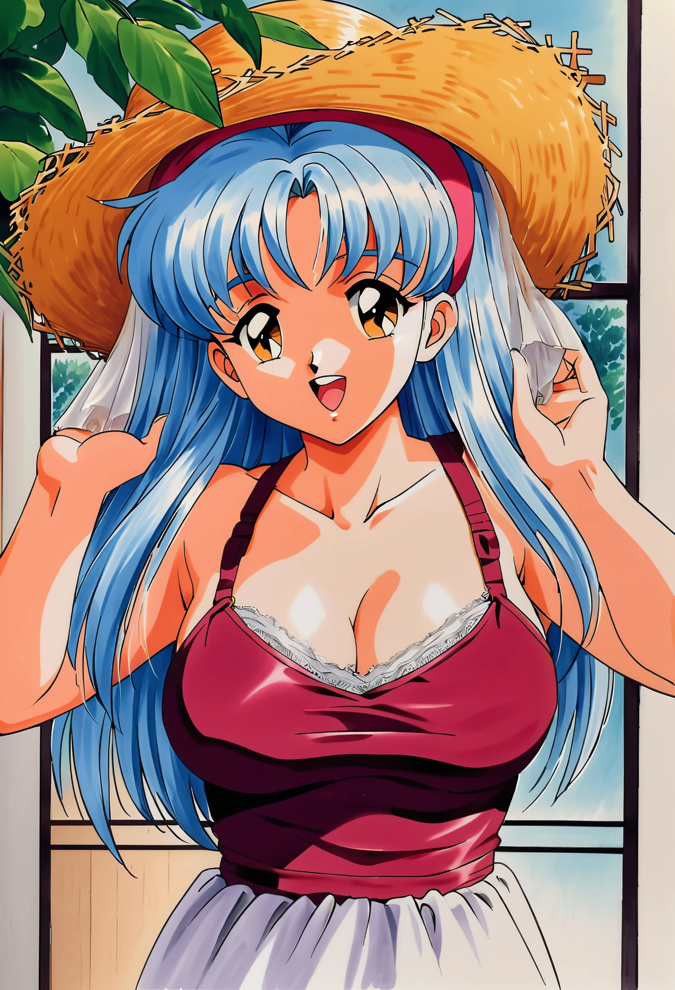 Kokura Masashi Style,
Fujisaki Shiori,One girl,retro artstyle,alone,1990s (style),hair band,Outdoor,Light blue hair,Open your mouth,Yellow Eyes,window,leaf,Upper Body,Red dress,View your viewers,Traditional Media,Bridal Veil,Medium long hair，Big Tits，Straw hat，