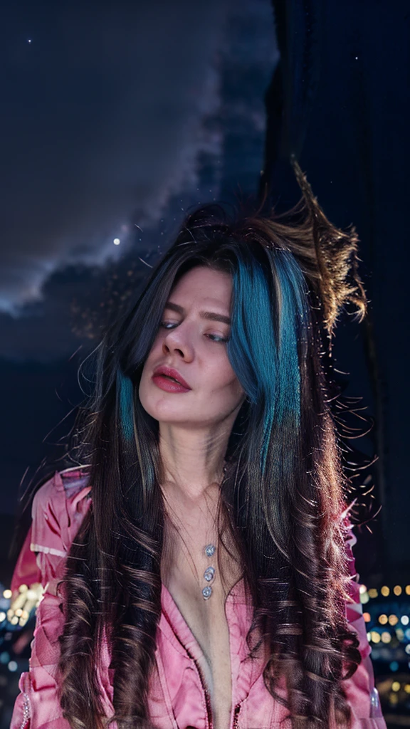 masterpiece, best quality,, sexy women, (colorful),(finely detailed beautiful blue eyes and detailed face),cinematic lighting,bust shot,extremely detailed CG unity 8k wallpaper,wavy white hair,solo,angry face,red dress,((flying petal)), sky, cloudy_sky, building, moonlight, moon, night, (dark theme:1.3), light, fantasy,