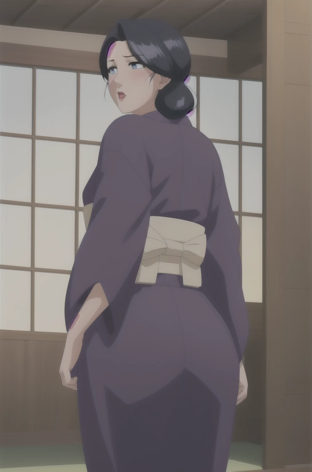 masterpiece, One girl, alone, good, Black Hair, View your viewers, blush, 笑face, Mouth closed, kimono,  , purple kimono , blue eyes, Huge Ass, Recall, chest, indoor, From behind, , sofa, , Mature Woman, , Ass Focus,, Browsing Caution,Official Art,非常に詳細な CG ユニティ 8K 壁紙, Perfect lighting,colorful, bright_front_face_Lighting, (masterpiece:1.0),(Highest_quality:1.0), 超High resolution,4K,Super detailed, photograph, 8K, High resolution, High resolution, Absurd:1.2, 400 for Kodak Port, Film Grain, Blurred Background, Bokeh:1.2, Lens flare, (Vibrant_color:1.2) , (beautiful_face:1.5),(narrow_Waist),
