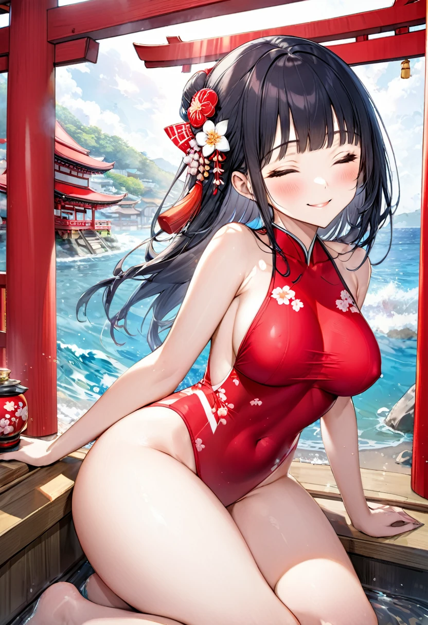 (full body, pov kimono style swimsuit) (beautiful body), (solo:2, 15 yo, blunt bangs:1.3 black hair long hair sexy shrine girl, sexy closed eyes, happy smile), (tits size is 70cm, A cup) (in a japanese shrine:1.2 beautiful one piece swimsuit, exposure wabisabi:1.3 white and red, Fundosi:1.2), break, in the Swimsuit contest venue, background Double Exposure beautiful ocean, BREAK, perfect anatomy, masterpiece, best quality, 16k, beautiful detailed love, sexy, daydreaming expression.