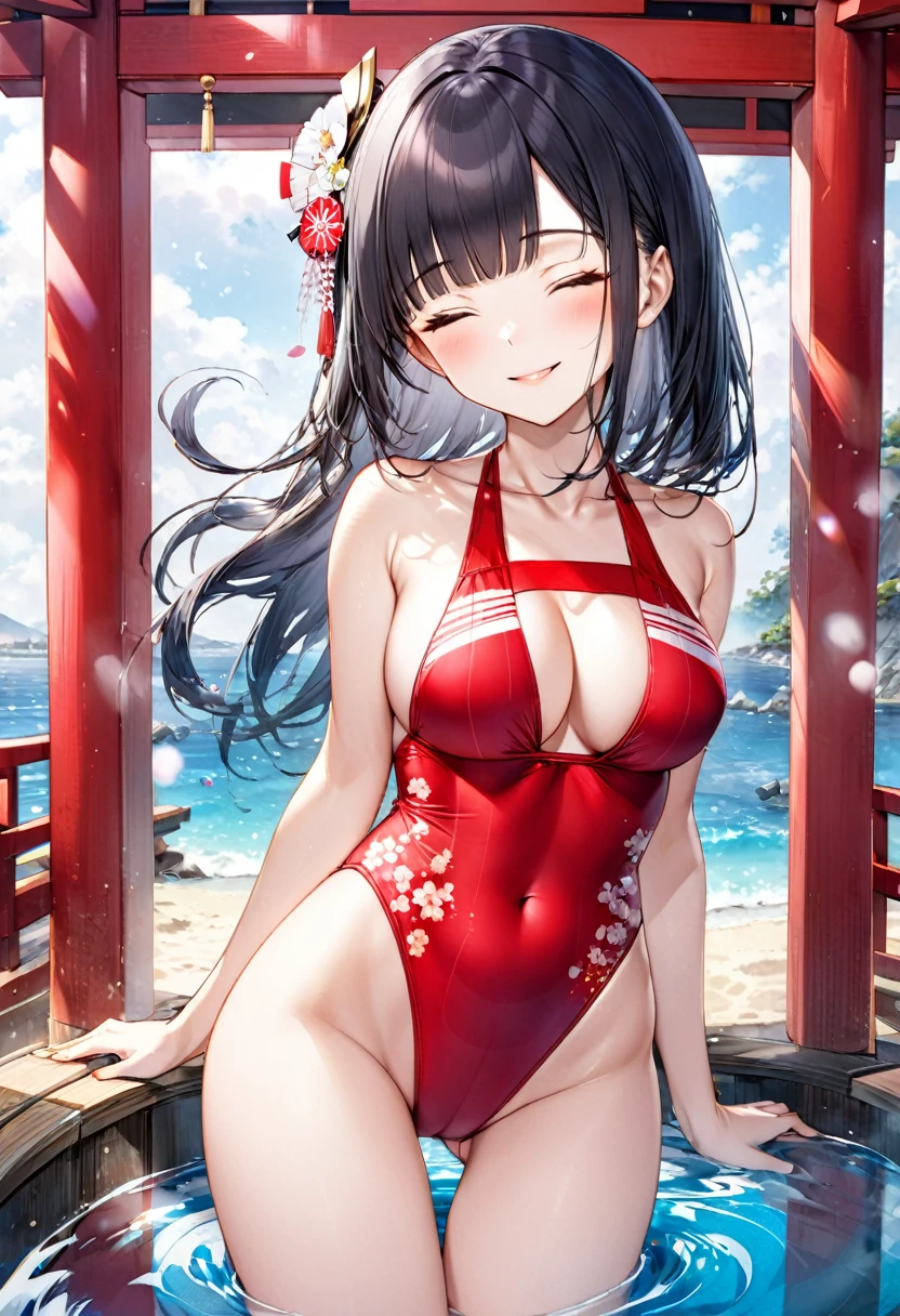 (full body, pov kimono style swimsuit) (beautiful body), (solo:2, 15 yo, blunt bangs:1.3 black hair long hair sexy shrine girl, sexy closed eyes, happy smile), (tits size is 70cm, A cup) (in a japanese shrine:1.2 beautiful one piece swimsuit, exposure wabisabi:1.3 white and red, Fundosi:1.2), break, in the Swimsuit contest venue, background Double Exposure beautiful ocean, BREAK, perfect anatomy, masterpiece, best quality, 16k, beautiful detailed love, sexy, daydreaming expression.