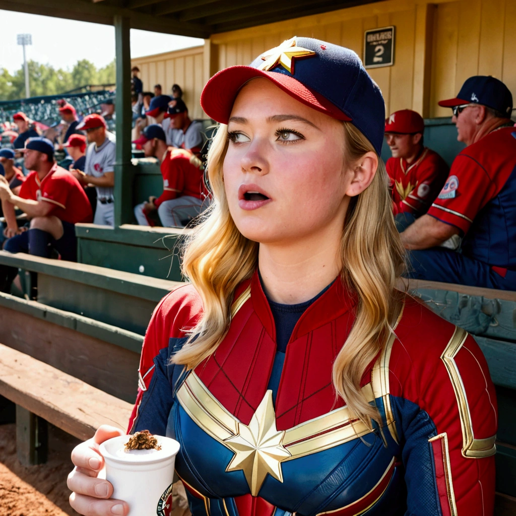 (Brea Larson, age 25, Captain Marvel, baseball cap, chewing tobacco) she is sitting in the baseball dug out spitting into a cup, crowded dugout, baseball game