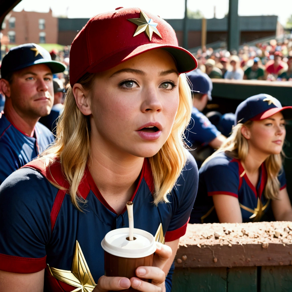 (Brea Larson, age 25, Captain Marvel, baseball cap, chewing tobacco) she is sitting in the baseball dug out spitting into a cup, crowded dugout, baseball game
