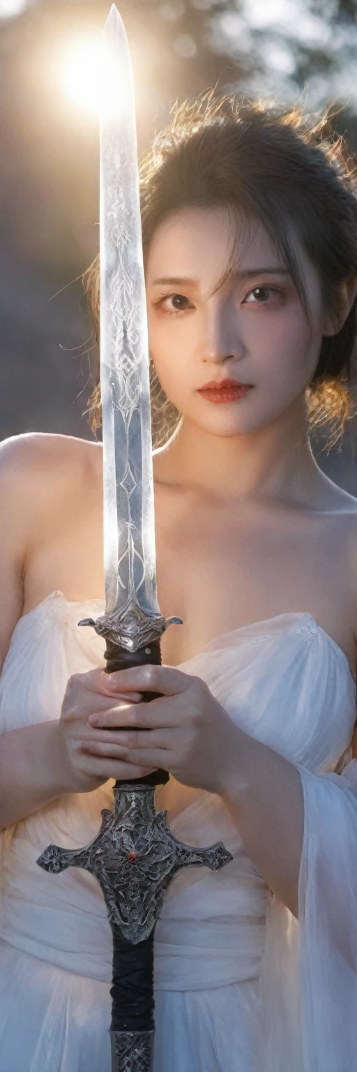 cowboy shot,Female swordsman topless photography,Atomic Correct,Raw, Lenses, (Clear focus:1.5), (Reality:1.4), Dusk lighting, Volumetric Lighting, Ultra-high resolution, 16K,Dramatic Lighting, White background:1.5),Glowing sword,(fighting stance),Hold the sword hilt tightly in your hand,1 sword,Solitary,(Zentangle,Mandala,Tangles,Entanglement:0.7) , Depth of Field, Dreamy atmosphere, The most beautiful form of chaos, grace, Brutalist design dark theme, Flower of Death, Flowers of ecstasy,glowing line,Glow Example,Tracking example,flash, Backlight,translucent,Light Particles,exit,xianxia