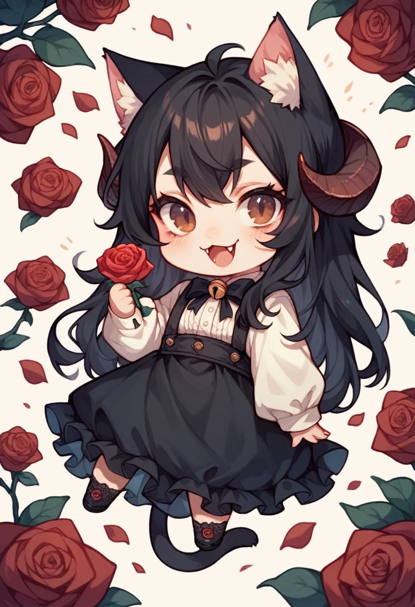 Half body, A beautiful woman, long wavy black hair, brown eyes, cat ears and tail, fangs, horns, sexi, Large Thighs, Medium Breasts, with a red Rose in one Hand, anime, neon, neon theme, casual dress