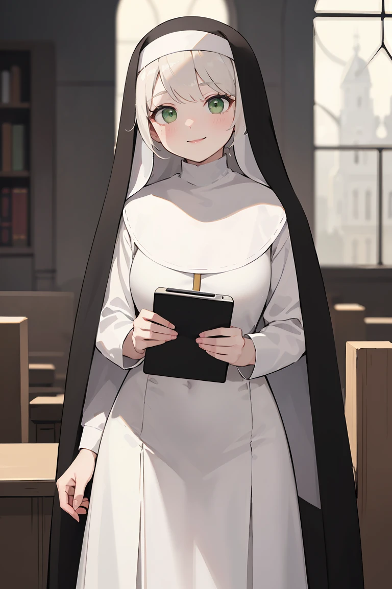 masterpiece, best quality, highly detailed background, perfect lighting, best quality, (extremely detailed face), volumetric lighting, intricate details, shadow, tonemapping, sharp focus, hyper detailed, trending on Artstation, (solo), ((Looking at the viewer)), (White hair), ((thin)), ((green eyes)), ((nun)), ((dressed as a nun)), ((nun's long skirt)), ((delicate)), ((thin and fine figure)), ((elegant)), ((smile)), (blush) 