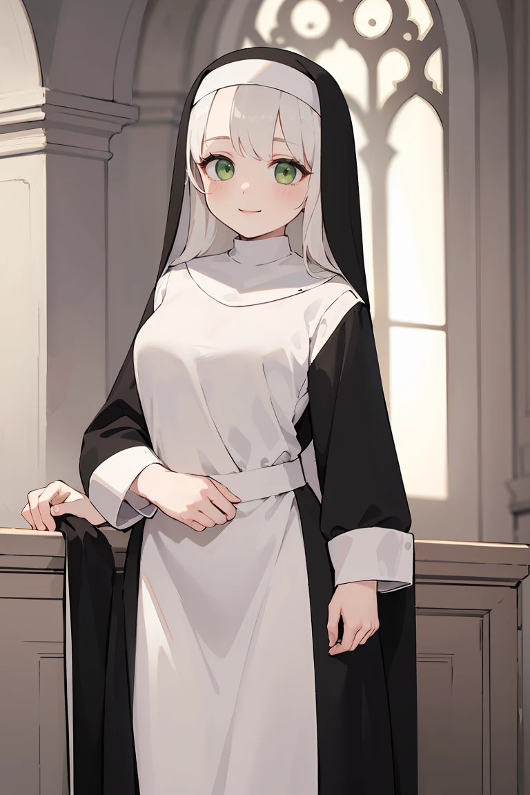 masterpiece, best quality, highly detailed background, perfect lighting, best quality, (extremely detailed face), volumetric lighting, intricate details, shadow, tonemapping, sharp focus, hyper detailed, trending on Artstation, (solo), ((Looking at the viewer)), (White hair), ((thin)), ((green eyes)), ((nun)), ((dressed as a nun)), ((nun's long skirt)), ((delicate)), ((thin and fine figure)), ((elegant)), ((smile)), (blush)
