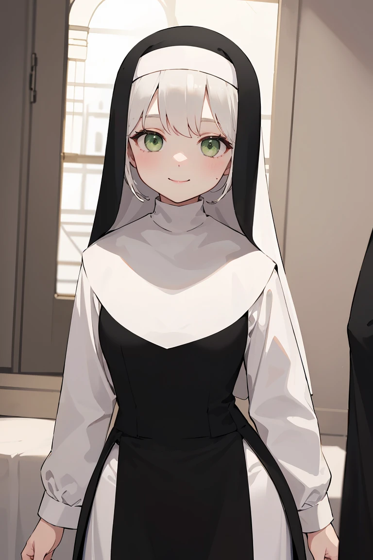 masterpiece, best quality, highly detailed background, perfect lighting, best quality, (extremely detailed face), volumetric lighting, intricate details, shadow, tonemapping, sharp focus, hyper detailed, trending on Artstation, (solo), ((Looking at the viewer)), (White hair), ((thin)), ((green eyes)), ((nun)), ((dressed as a nun)), ((nun's long skirt)), ((delicate)), ((thin and fine figure)), ((elegant)), ((smile)), (blush)