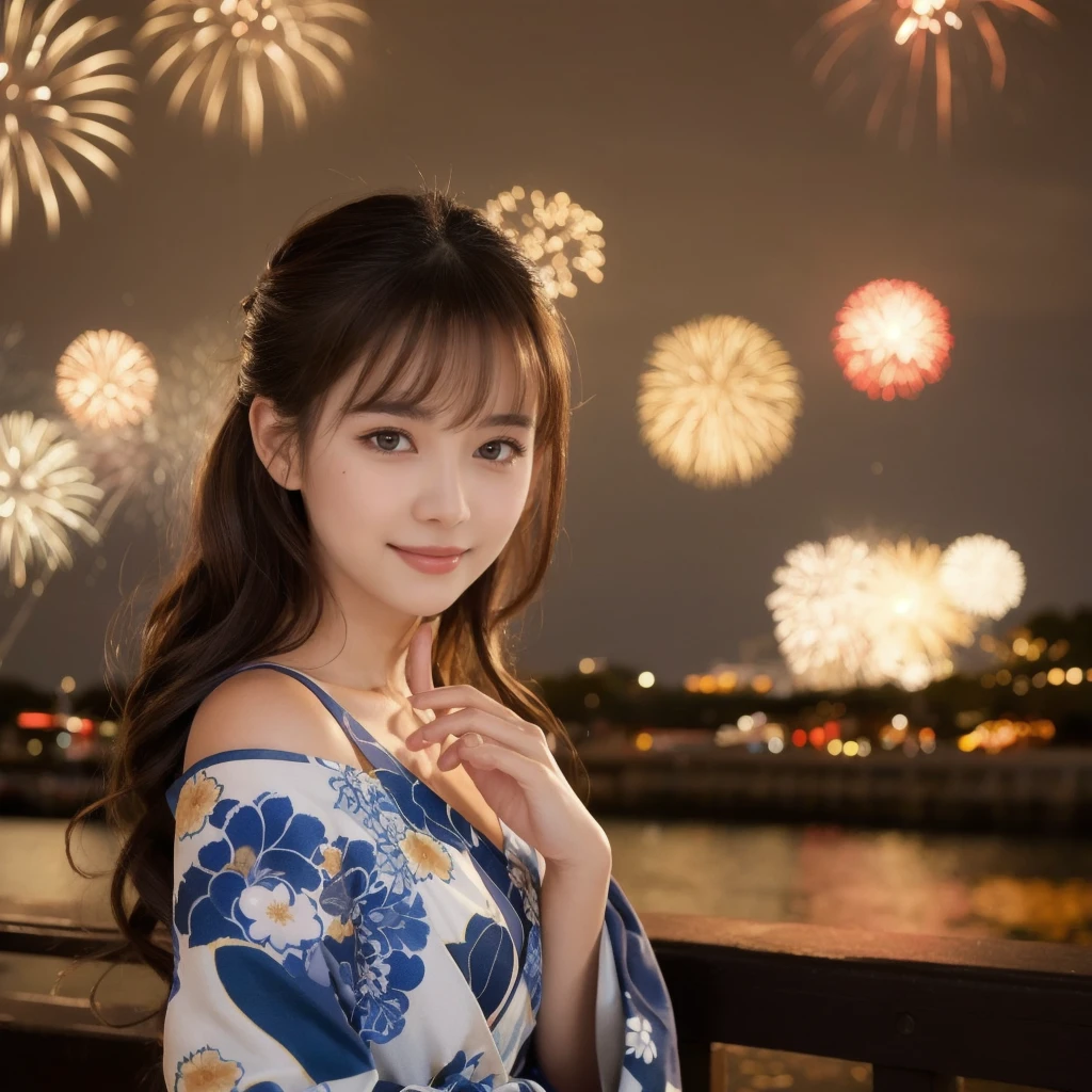 （「solo」Detailed and realistic portrait of a beautiful young Asian woman。She has long light brown hair and big light brown eyes.。）under the night sky、Put your hair up、A beautiful woman elegantly dressed in a vibrant yukata、The fireworks light softly illuminated her face.、Enhances an attractive smile。The background creates a tranquil atmosphere of a summer night.、I can hear the sound of fireworks in the distance。