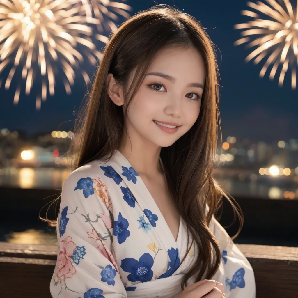 (「solo」Detailed and realistic portrait of a beautiful young Asian woman。She has long light brown hair and big light brown eyes.。)under the night sky、Put your hair up、A beautiful woman elegantly dressed in a vibrant yukata、The fireworks light softly illuminated her face.、Enhances an attractive smile。The background creates a tranquil atmosphere of a summer night.、I can hear the sound of fireworks in the distance。