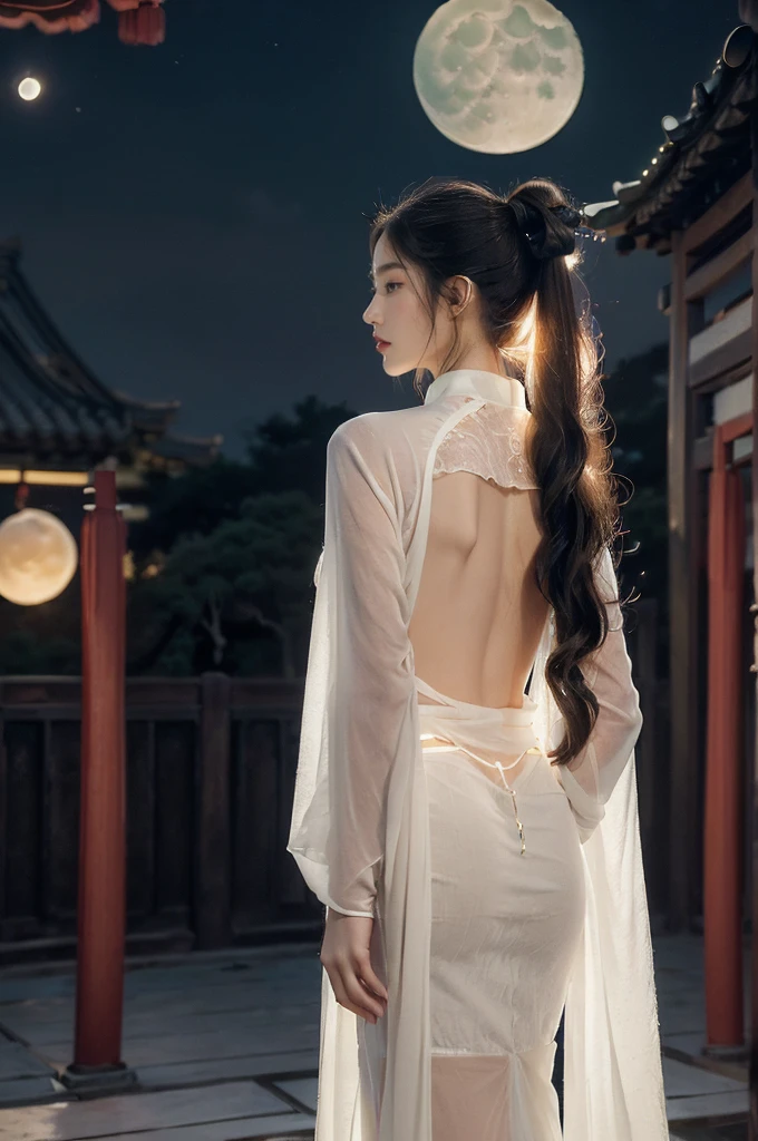 (((best quality))),(((ultra detailed))),(((masterpiece))),illustration,((1 beautiful girl,solo)),(short ponytail:1.2),((bright eyes,gentle smile)),((slim,thin)),((bare back,towering hips,butt crack)),(white see through sheer Hanfu:1.3),flowing fabric,serene demeanor,vibrant plants and trees,(Chinese-style architecture:1.3),tile roofs,intricate wooden carvings,rich and vivid colors,(serene glow of the moon:1.5),(((colorful clouds))),traditional Chinese garment,(((summer night,village courtyard))),((standing)),(from back:1.3),(upper body:1.3)