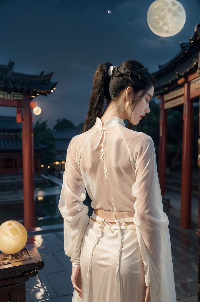 (((best quality))),(((ultra detailed))),(((masterpiece))),illustration,((1 beautiful girl,solo)),(short ponytail:1.2),((bright eyes,gentle smile)),((slim,thin)),((bare back,towering hips,butt crack)),(white see through sheer Hanfu:1.3),flowing fabric,serene demeanor,vibrant plants and trees,(Chinese-style architecture:1.3),tile roofs,intricate wooden carvings,rich and vivid colors,(serene glow of the moon:1.5),(((colorful clouds))),traditional Chinese garment,(((summer night,village courtyard))),((standing)),((from back,upper body))