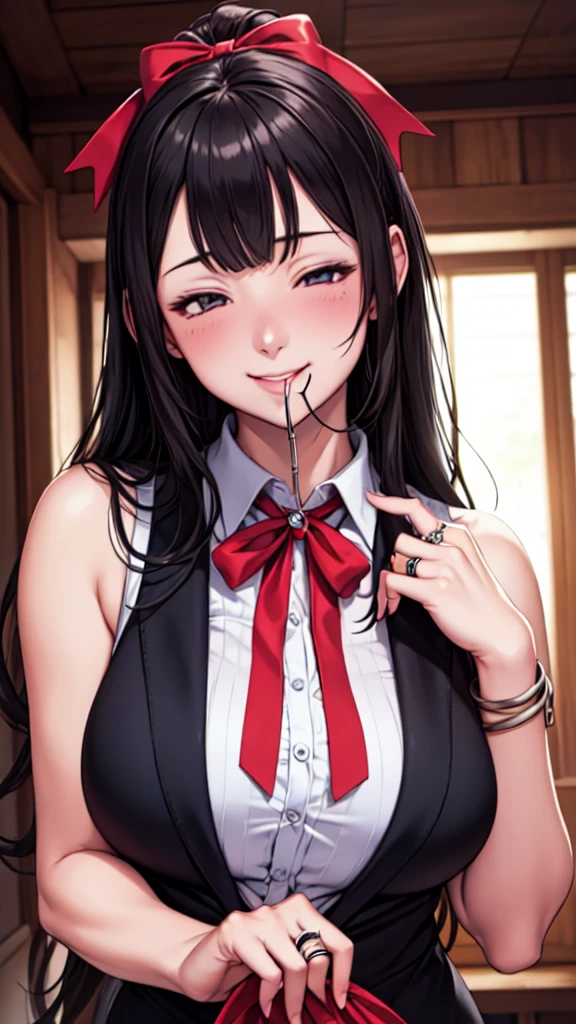 (masterpiece), (High resolution), (Highest quality), One Girl, smile, blush, neck ribbon, View your audience, ribbon, (Ring on right ring finger), shirt, Long Hair, bangs, Hand in hand, jewelry, Mouth closed, フリル collared shirt, Sleeveless