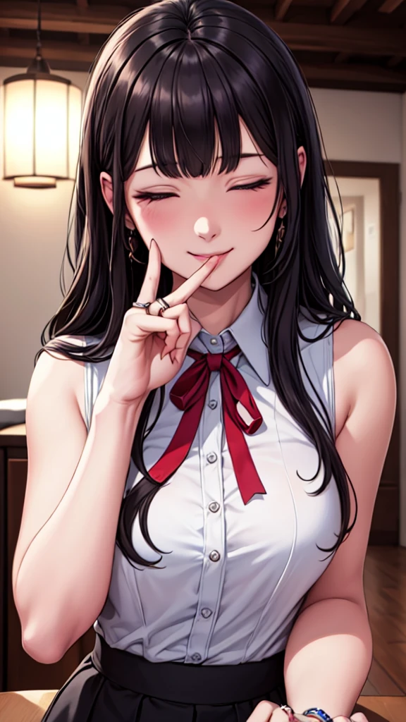 (masterpiece), (High resolution), (Highest quality), One Girl, smile, blush, neck ribbon, View your audience, ribbon, (Ring on right ring finger), shirt, Long Hair, bangs, Hand in hand, jewelry, Mouth closed, フリル collared shirt, Sleeveless