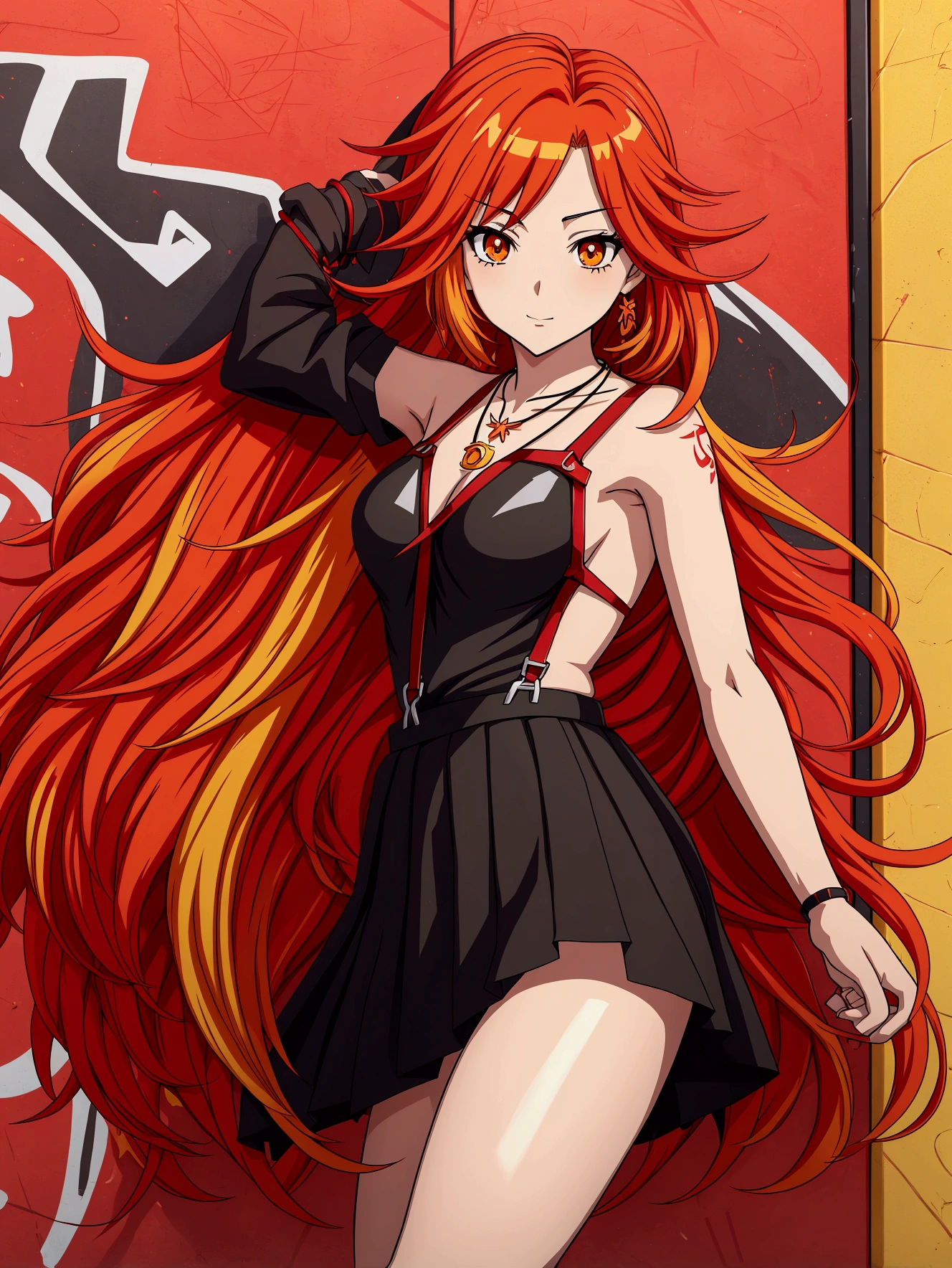 Anime girl in red, orange and black suspender skirt in front of graffiti wall, 25 years old,long hair anime girl, She has long red and yellow hair., Attractive anime girl,Bare arms,Bare arms,Bare legs,Black necklace,Tie-strap skirt,Front view,First Perspective,high quality,16K,Exciting appearance,very clearly,Exquisite mature facial,Royal sister
