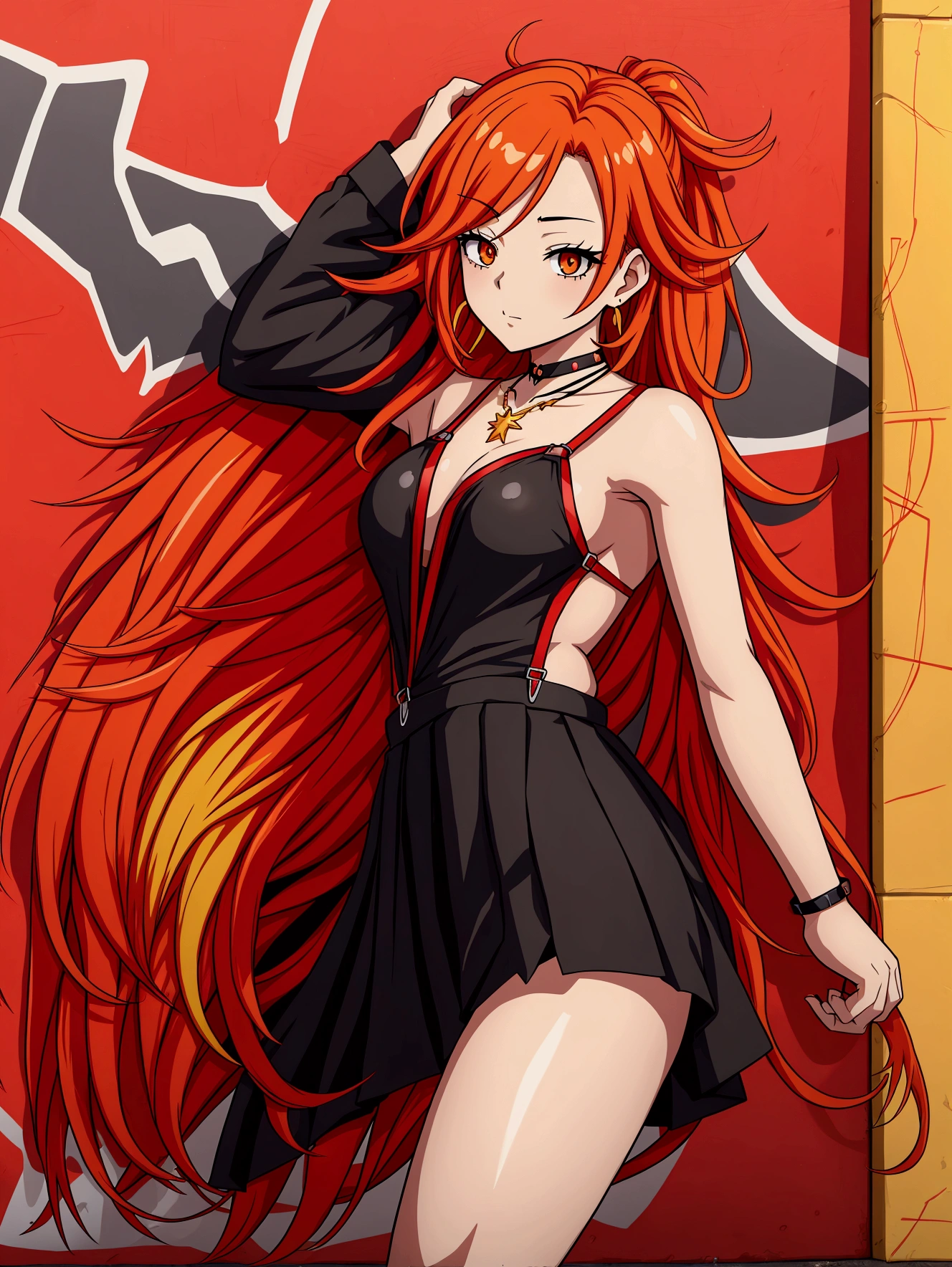 Anime girl in red, orange and black suspender skirt in front of graffiti wall, 25 years old，long hair anime girl, She has long red and yellow hair., Attractive anime girl,Bare arms，Bare arms，Bare legs，Black necklace，Tie-strap skirt，Front view，First Perspective，high quality，K，Exciting appearance，very clearly，Exquisite mature facial，Royal sister