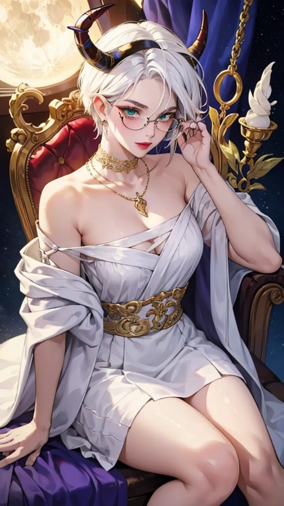 8k, masterpiece, best quality, highly detailed, 1 girl, tiefling, warlock, multicolored hair, very short straight hair green highlight hair on white hair, strippled hair, wearing glasses, round glasses, earrings, red eyeshadow, long eyelashes, blushed cheek, red lips, necklace, rings, collarbone, mole, glamorous, white and gold clothing, smirk, fullbody view, rings, looking at viewer, demon horns, solo, royal dress, palace, blue pale moon, sitting on throne, tattoo, halo, celestial, radiance, elegant dress. 