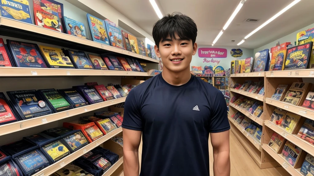 single: 1.5, (ที่TRUEแล้ว, Masterpiece, 8k HD, good light quality, sportswear, to fit the face, complicated details), A handsome Korean man with muscular arms.. , 20 years old, be happy, smile brightly, detailed face, delicate eyes, look at the sky, Wear a navy tight T-shirt..:1.6 ,Wear a denim coat.., Jeans era, black eyes, Black hair color, ผมsmooth, smooth,SurTRUE,Excellent details,Highest quality,TRUE,Open your mouth to talk.. , Close your eyes.., (standing in a toy store:1.5)