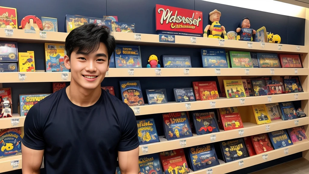 single: 1.5, (ที่TRUEแล้ว, Masterpiece, 8k HD, good light quality, sportswear, to fit the face, complicated details), A handsome Korean man with muscular arms.. , 20 years old, be happy, smile brightly, detailed face, delicate eyes, look at the sky, Wear a navy tight T-shirt..:1.6 ,Wear a denim coat.., Jeans era, black eyes, Black hair color, ผมsmooth, smooth，SurTRUE，Excellent details，Highest quality，TRUE，Open your mouth to talk.. , Close your eyes.., (standing in a toy store:1.5)