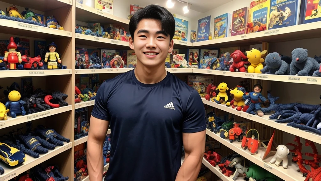 single: 1.5, (ที่TRUEแล้ว, Masterpiece, 8k HD, good light quality, sportswear, to fit the face, complicated details), A handsome Korean man with muscular arms.. , 20 years old, be happy, smile brightly, detailed face, delicate eyes, look at the sky, Wear a navy tight T-shirt..:1.6 ,Wear a denim coat.., Jeans era, black eyes, Black hair color, ผมsmooth, smooth,SurTRUE,Excellent details,Highest quality,TRUE,Open your mouth to talk.. , Close your eyes.., (standing in a toy store:1.5)