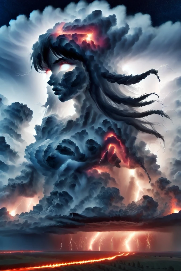 female storm goddess, perfect face, clear eyes, voluminous hair, smoke dress, 0k3dr3ss, martius_storm, tornado, hurricane, volcano area, lightning, 22yo, vibrant colours, visibly heavy rain, caucasian, badlands