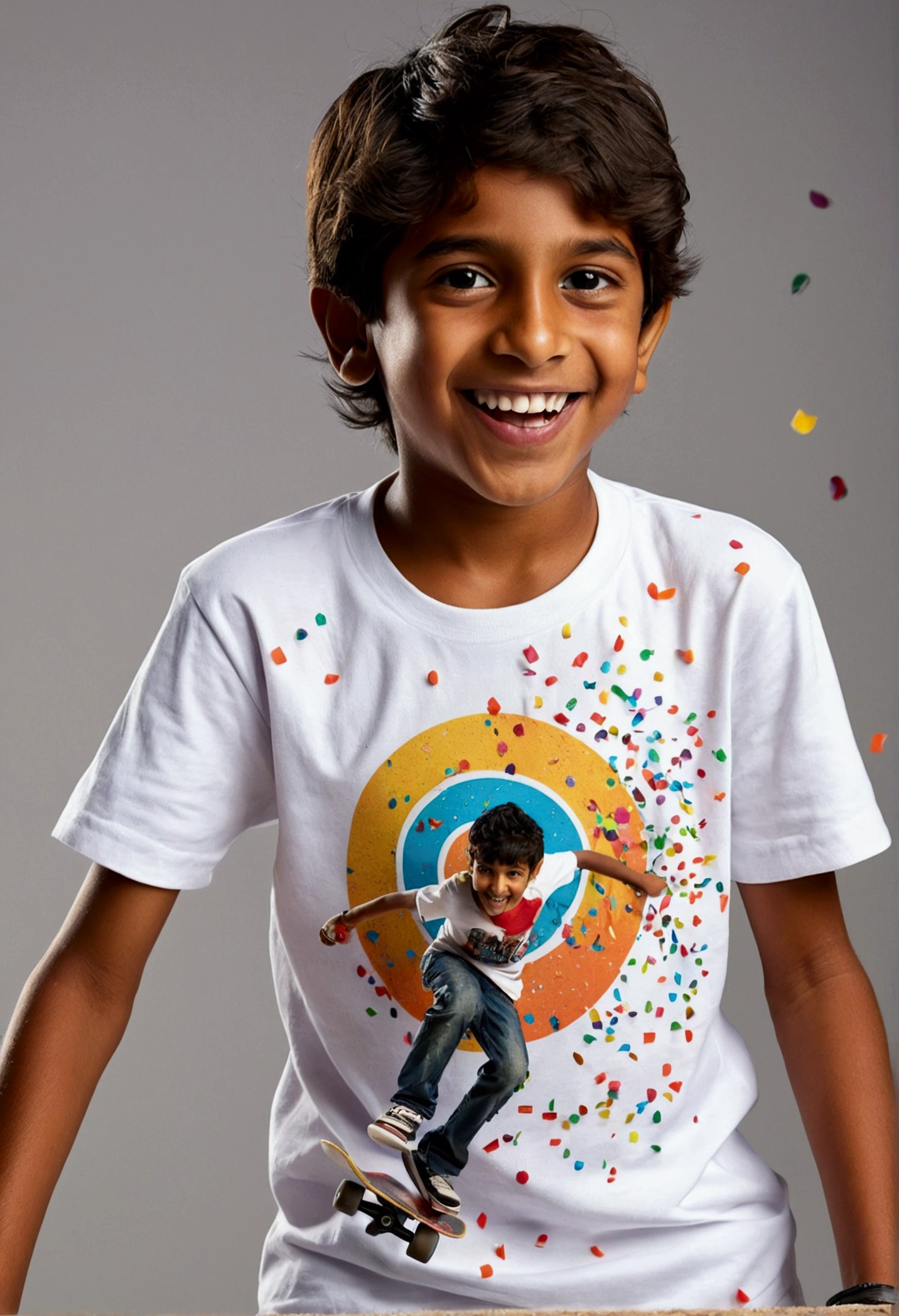 a close up of a happy 9 year old indian kid on a skateboard with white t shirt, confetti sprinkles, skateboard, skateboarder style, dynamic pose, high quality, detailed, sharp focus, studio lighting,professional, profile pic, standing on a skateboard, plays skateboards, movie promotional image, toy commercial photo, skateboarding, promotional image, profile picture, picsart, illustartion, animation printed poster