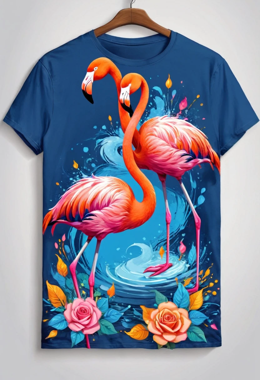 A t-shirt with vector art of a colorful illustration, two flamingos roses flowers, At the center, swirly vibrant colors, paint splashes and smears, high détail, blue background, t-shirt designs
(work of art, best qualityer, proffesional, perfect composition, very aesthetic, absurdrez, super verbose, details Intricate:1.3)
