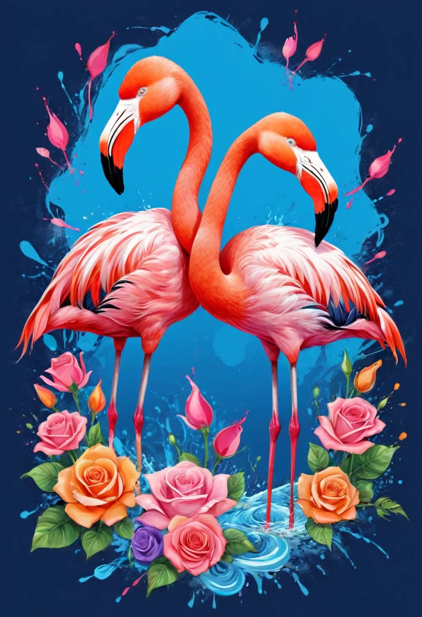 A t-shirt with vector art of a colorful illustration, two flamingos roses flowers, At the center, swirly vibrant colors, paint splashes and smears, high détail, blue background, t-shirt designs
(work of art, best qualityer, proffesional, perfect composition, very aesthetic, absurdrez, super verbose, details Intricate:1.3)