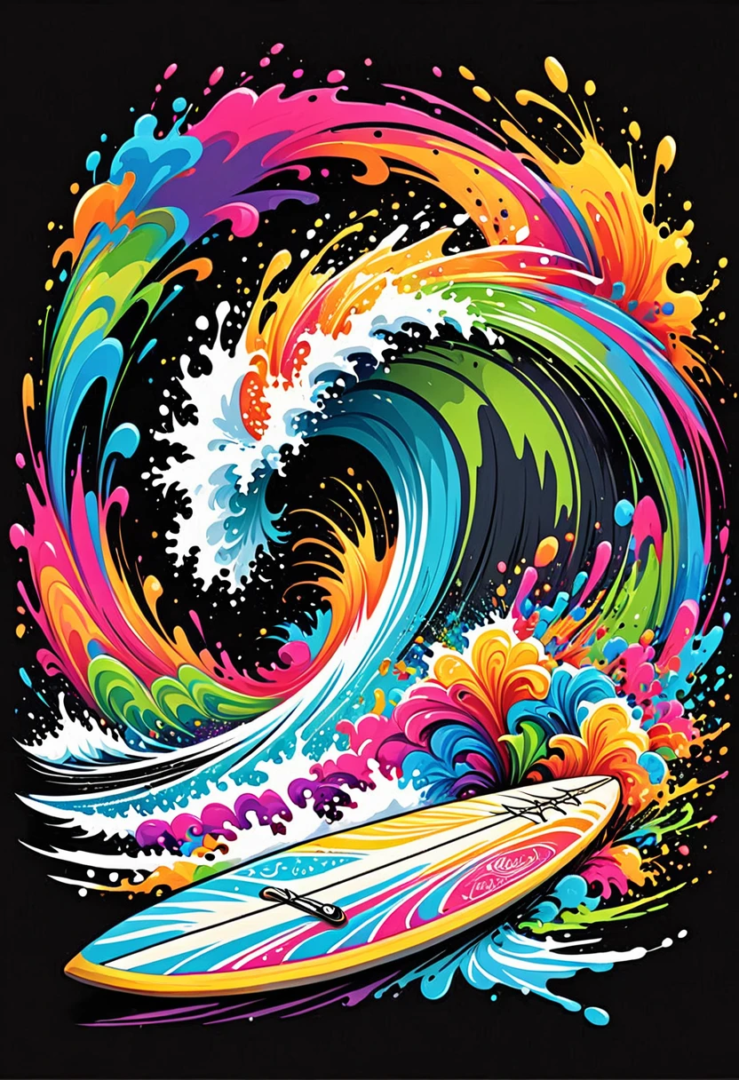 T-shirt with vector art of a colorful illustration of surfboards, At the center, swirly vibrant colors, paint splashes and smears, High detail t-shirt design, black backdrop