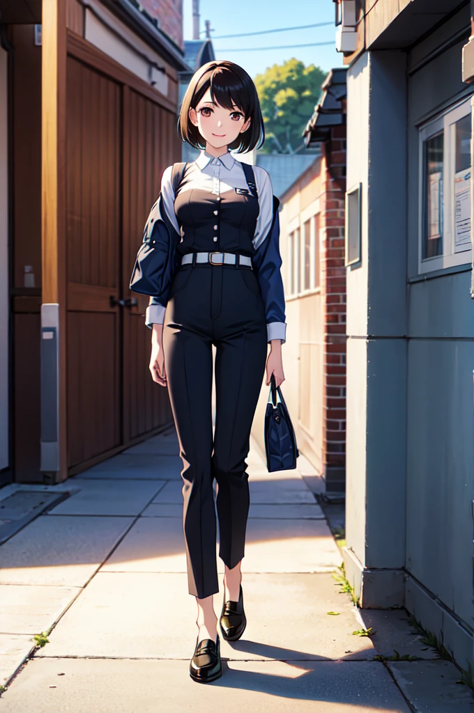 White hat, black hair short hair, blue short sleeve shirt, white collar, white long pants, yellow gloves, brown shoes, girl, outdoor