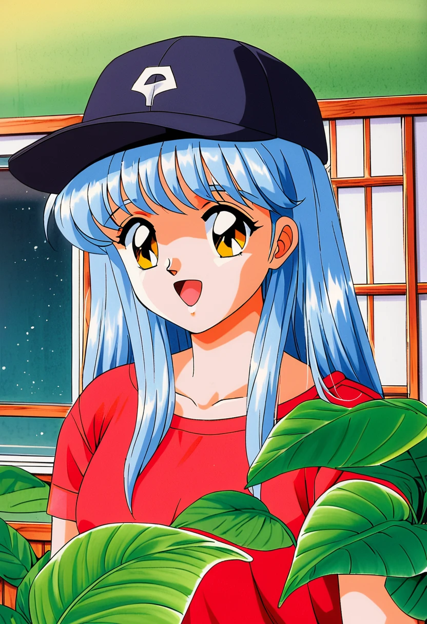 Kokura Masashi Style,
Fujisaki Shiori,One girl,retro artstyle,alone,1990s (style),Outdoor,Light blue hair,Open your mouth,Yellow Eyes,window,leaf,Upper Body,Red dress,View your viewers,Traditional Media,Bridal ，Medium long hair，Big Tits，Baseball cap